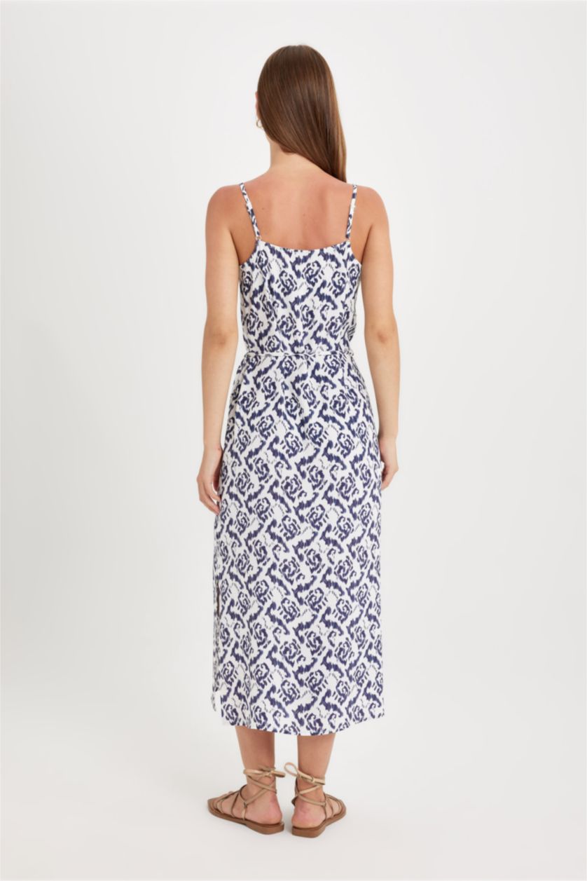 WOMAN Ecru Round Collar Patterned Suspender Midi Dress