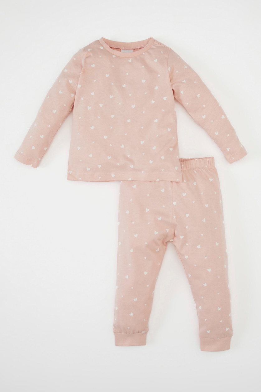 Kız Bebek Pembe Kız Bebek Pijama Takımı Kalp Desenli Penye  Uzun Kollu Üst Uzun Alt