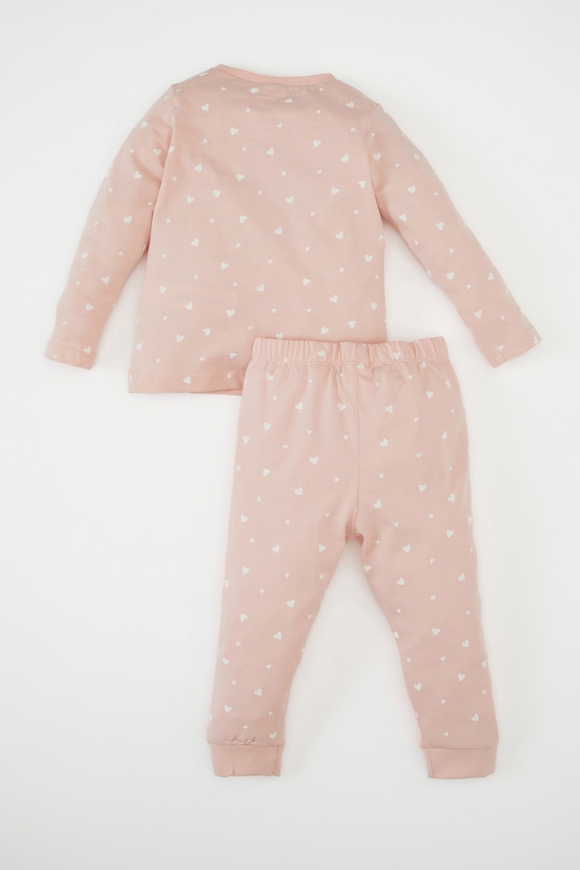 Kız Bebek Pembe Kız Bebek Pijama Takımı Kalp Desenli Penye  Uzun Kollu Üst Uzun Alt