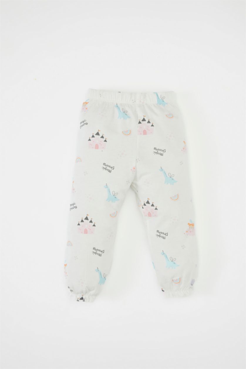 Kız Bebek Kırık Beyaz Kız Bebek Pijama Takımı Baskılı Uzun Kollu Üst Beli Lastikli Uzun Alt Penye