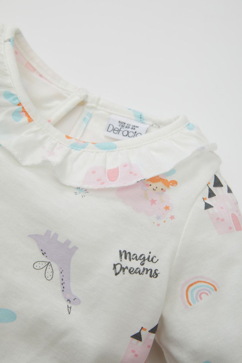 Kız Bebek Kırık Beyaz Kız Bebek Pijama Takımı Baskılı Uzun Kollu Üst Beli Lastikli Uzun Alt Penye