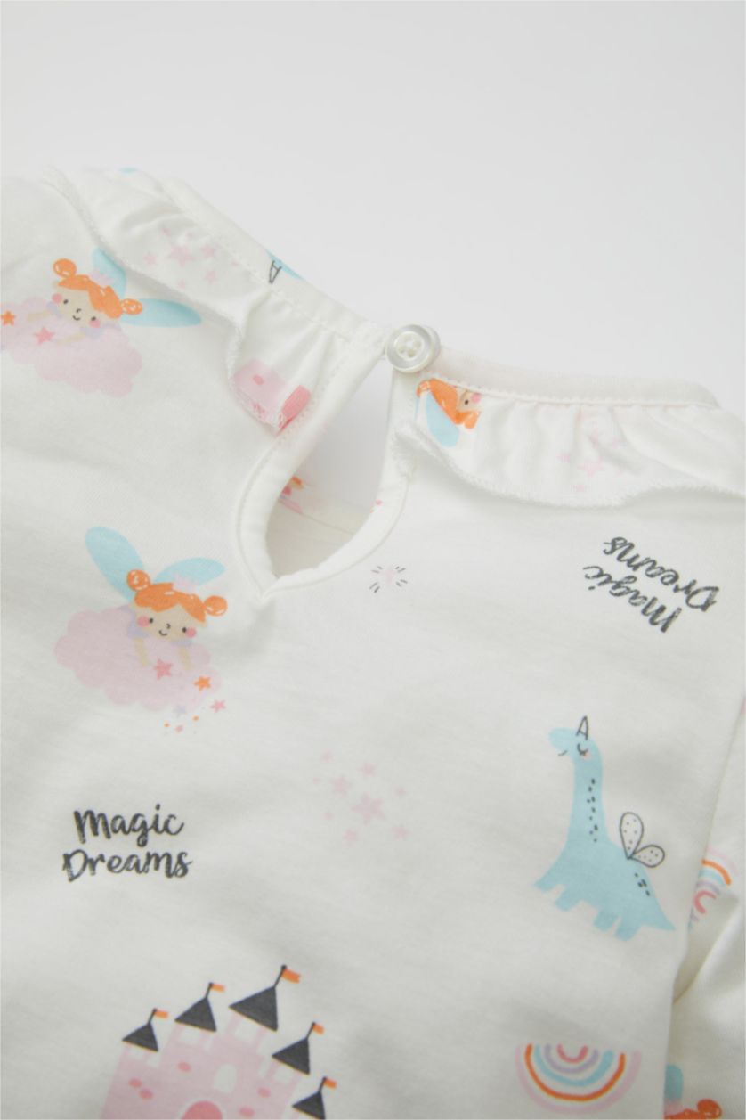 Kız Bebek Kırık Beyaz Kız Bebek Pijama Takımı Baskılı Uzun Kollu Üst Beli Lastikli Uzun Alt Penye