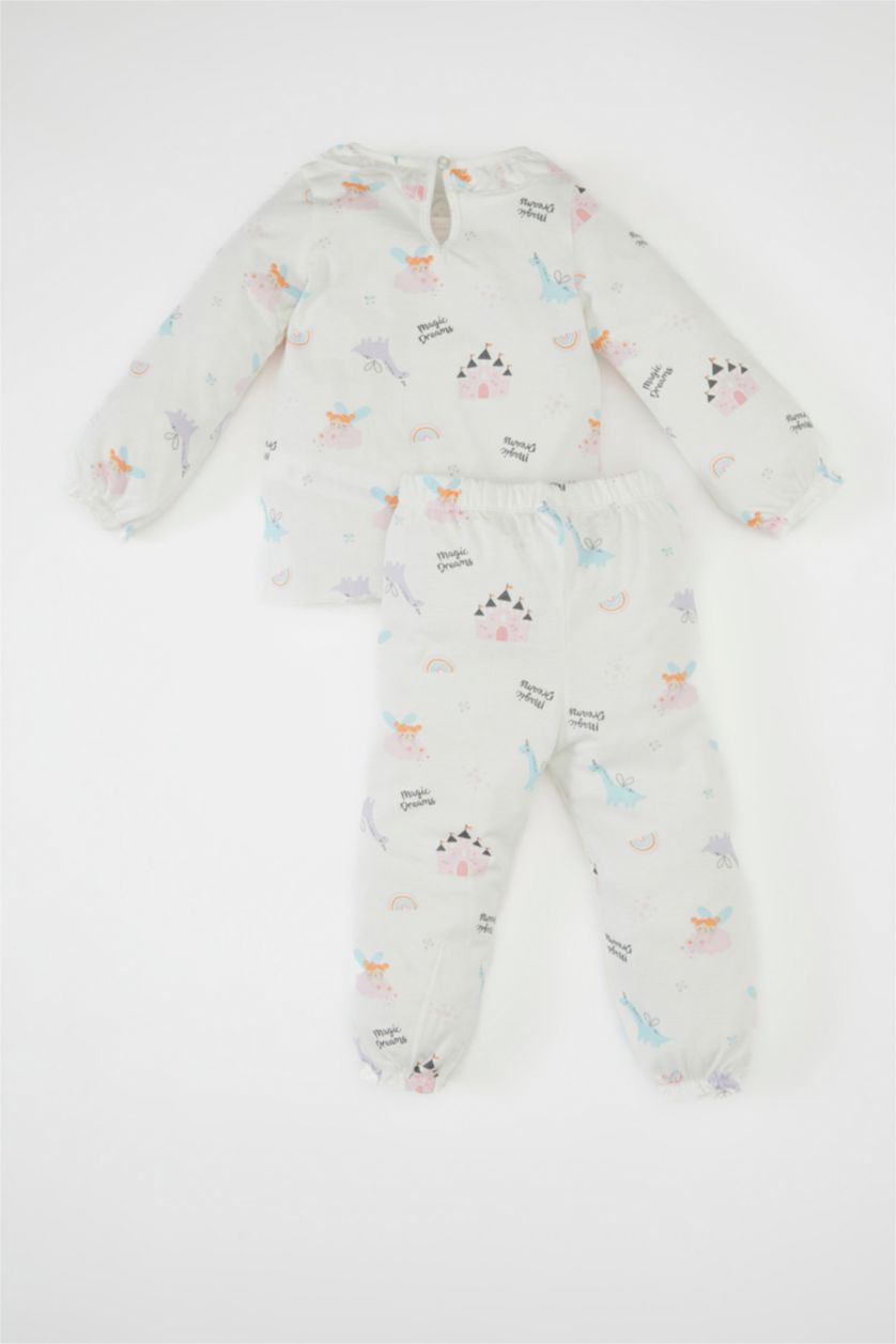 Kız Bebek Kırık Beyaz Kız Bebek Pijama Takımı Baskılı Uzun Kollu Üst Beli Lastikli Uzun Alt Penye