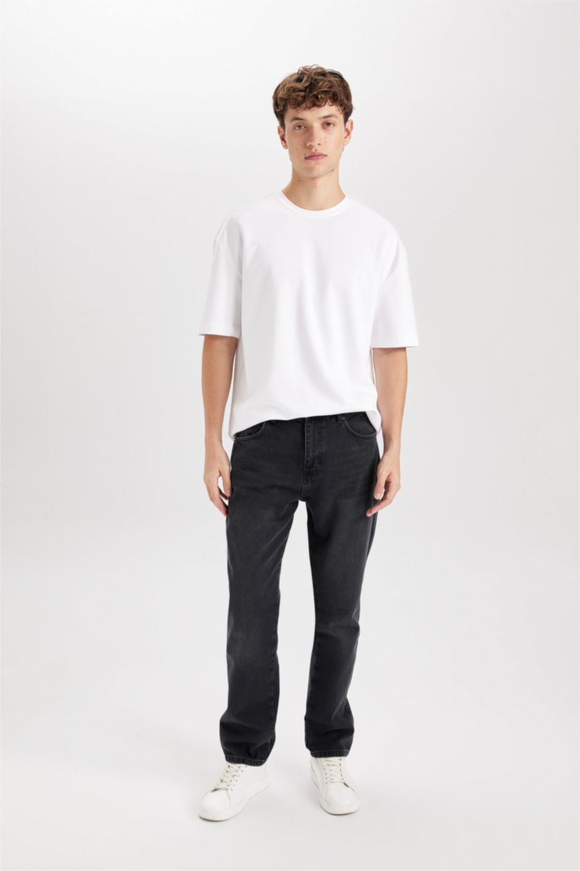 رجال أسود سروال جينز جينز قصة مستقيمة واسع