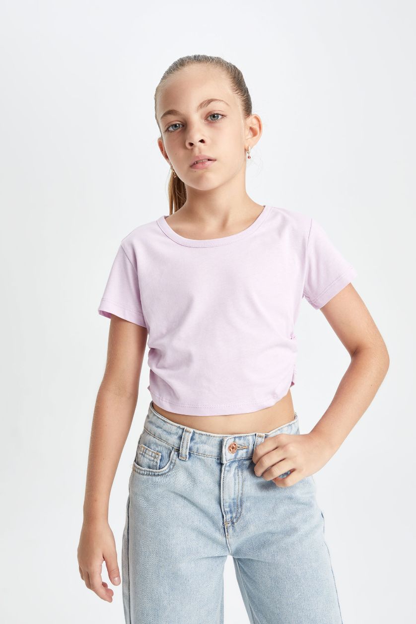 Kız Çocuk - Genç Kız Lila Crop Bisiklet Yaka Basic Düz Kısa Kollu Tişört Kız Çocuk