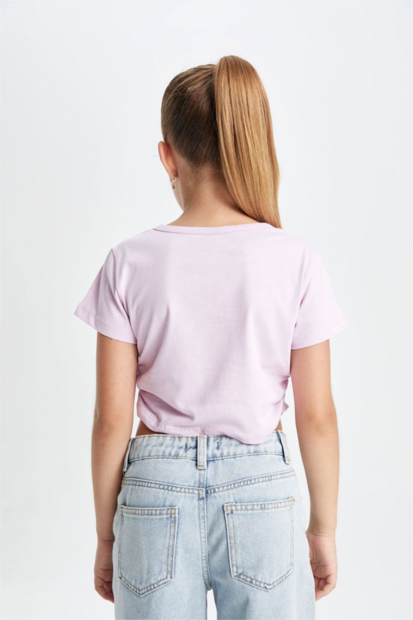 Kız Çocuk - Genç Kız Lila Crop Bisiklet Yaka Basic Düz Kısa Kollu Tişört Kız Çocuk