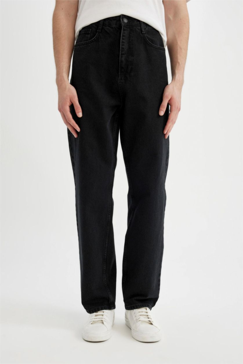 رجال أسود سروال جينز باجي برجل واسع واسع وخصر عادي