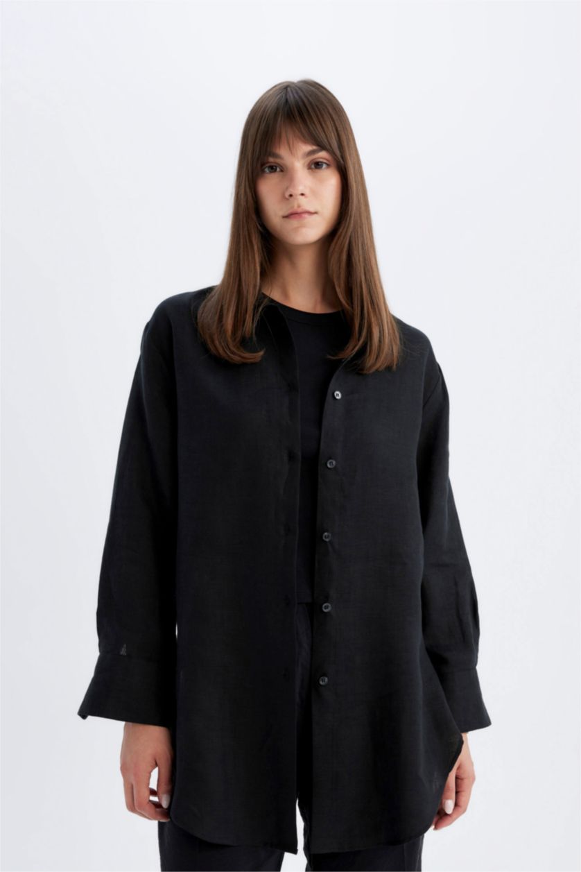 Woman Black Regular Fit Linen Long Sleeve Shirt Tunic