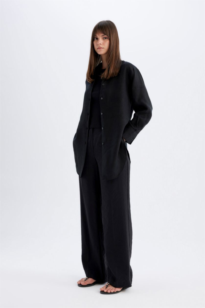 Woman Black Regular Fit Linen Long Sleeve Shirt Tunic