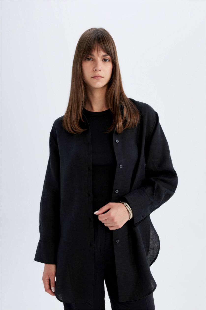 Woman Black Regular Fit Linen Long Sleeve Shirt Tunic