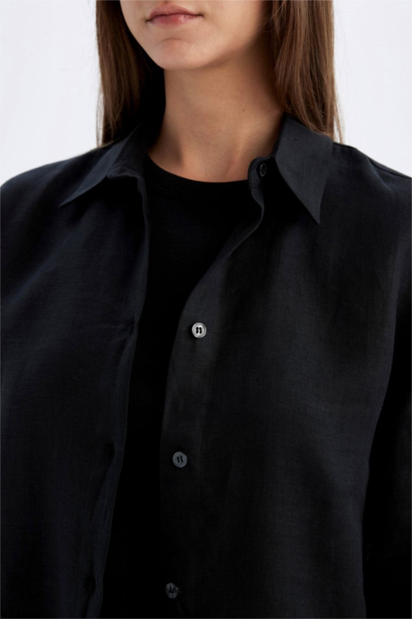 Woman Black Regular Fit Linen Long Sleeve Shirt Tunic