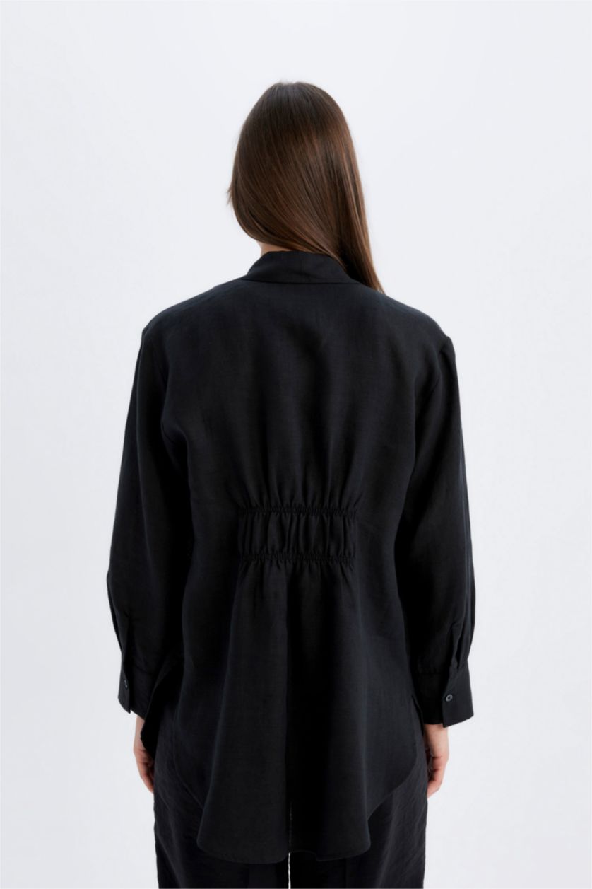 Woman Black Regular Fit Linen Long Sleeve Shirt Tunic