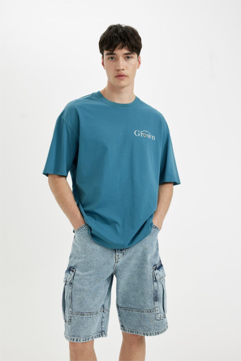 MAN Light Indigo Comfort Fit Crew Neck Back Printed T-Shirt