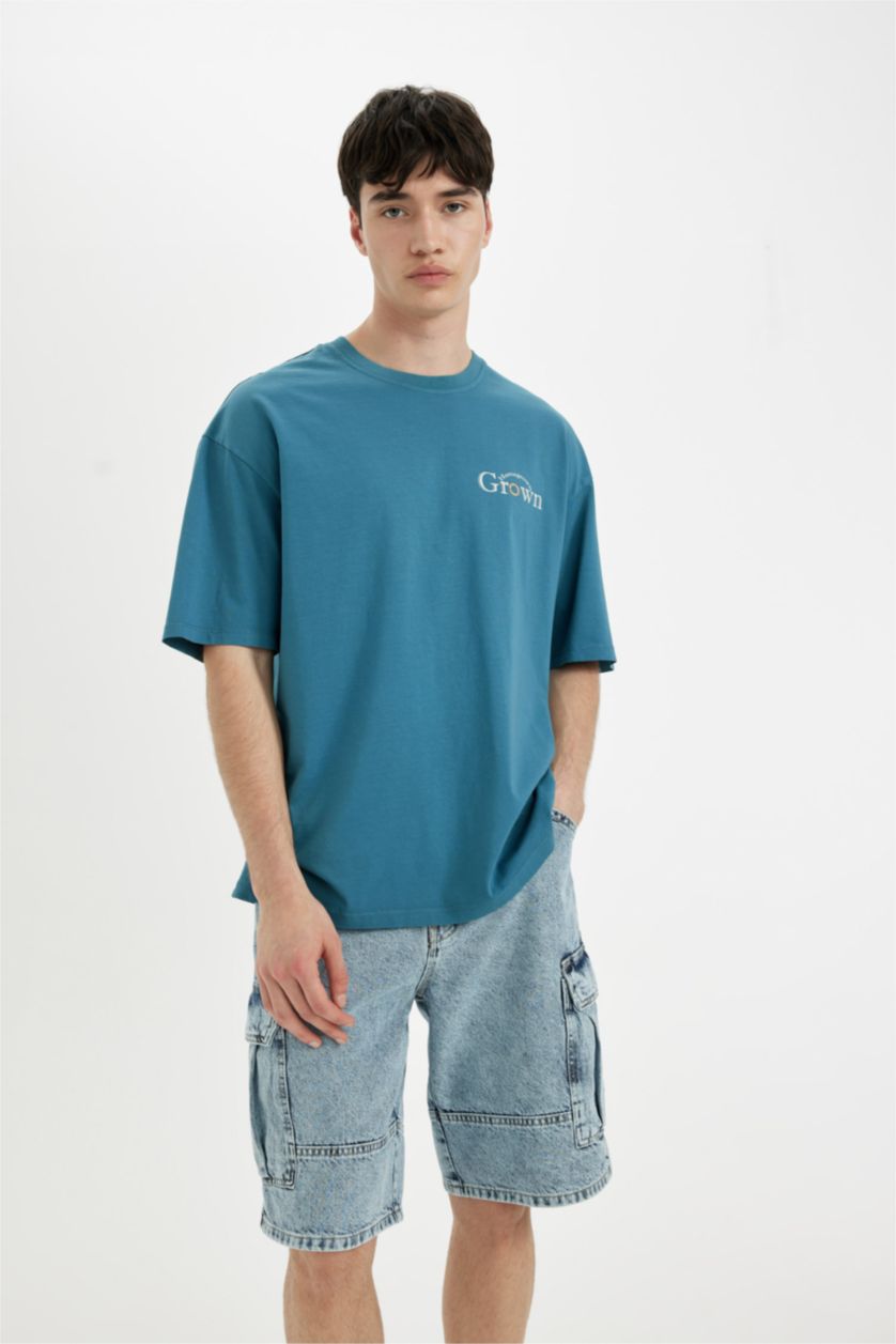 MAN Light Indigo Comfort Fit Crew Neck Back Printed T-Shirt