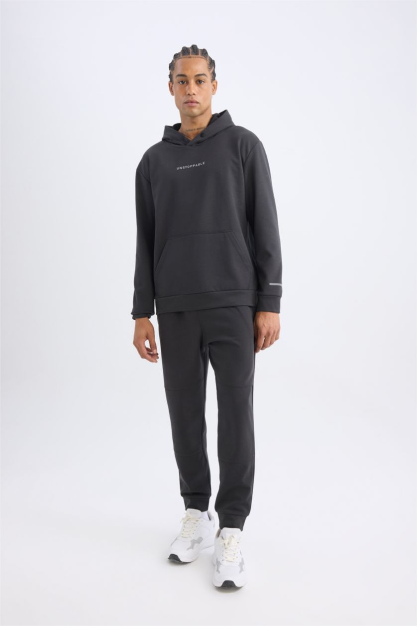 Erkek Antrasit Standart Fit Kapüşonlu Arma Baskılı Kanguru Cepli Skuba Dalgıç Kumaş Sporcu Sweatshirt