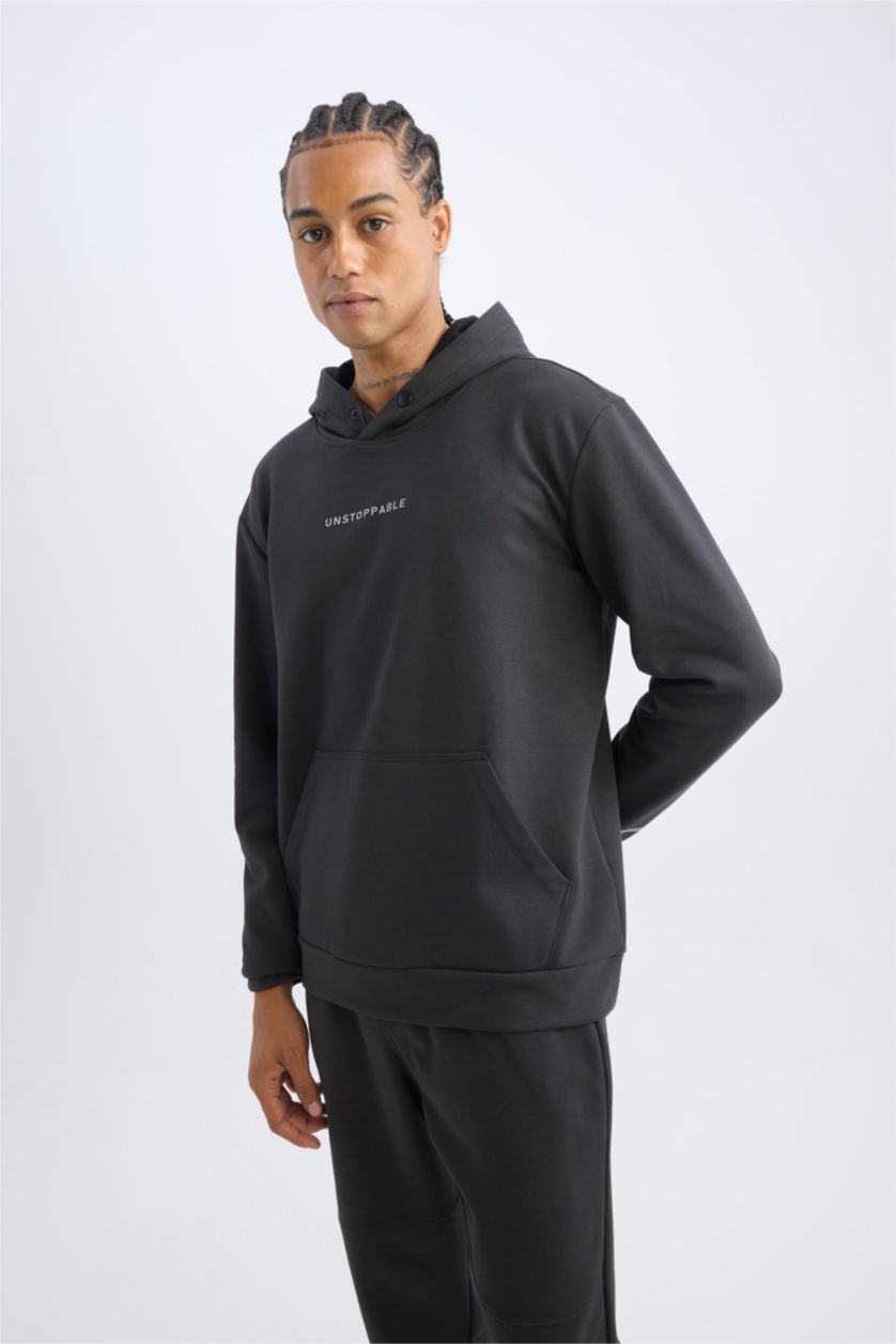 Erkek Antrasit Standart Fit Kapüşonlu Arma Baskılı Kanguru Cepli Skuba Dalgıç Kumaş Sporcu Sweatshirt