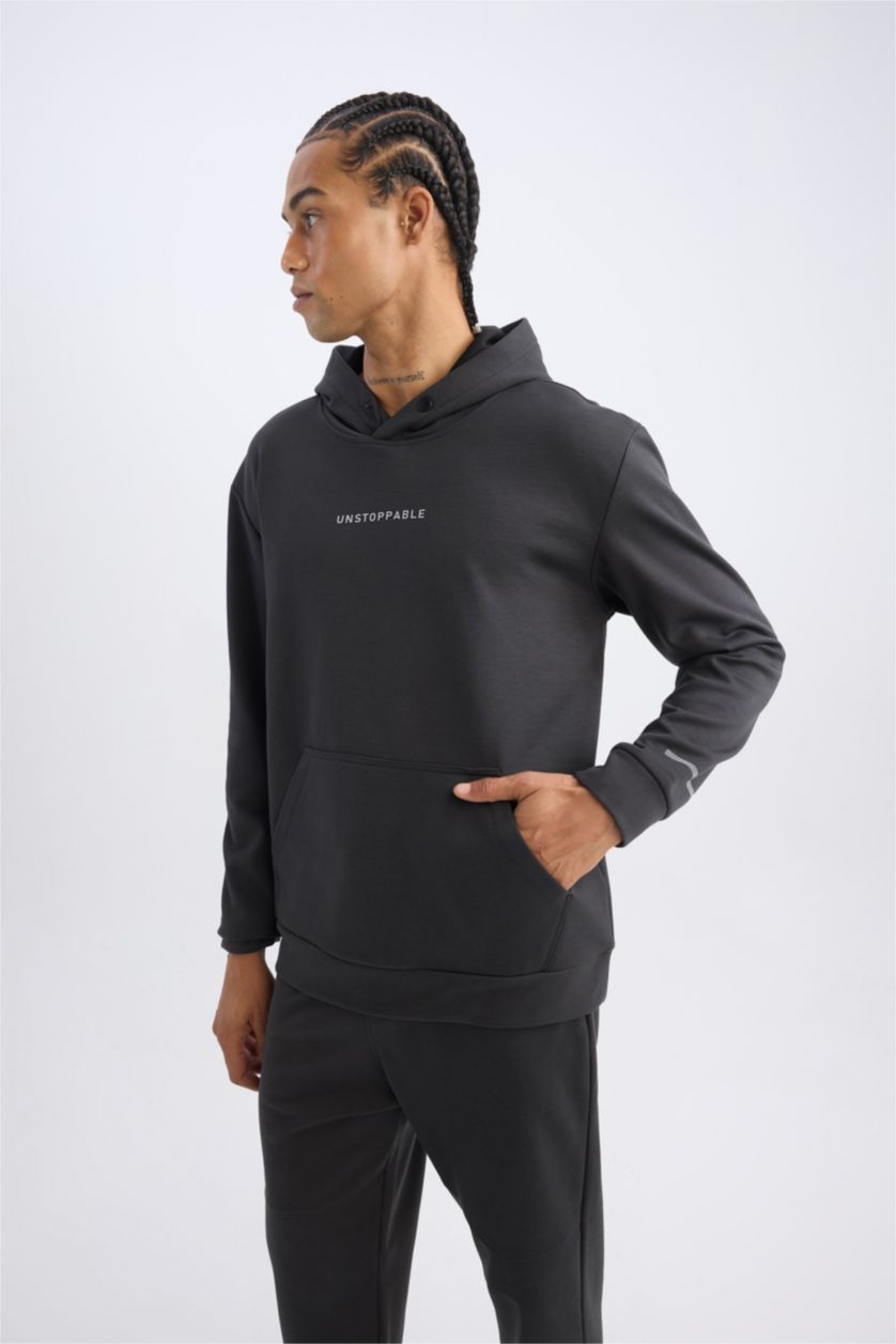 Erkek Antrasit Standart Fit Kapüşonlu Arma Baskılı Kanguru Cepli Skuba Dalgıç Kumaş Sporcu Sweatshirt