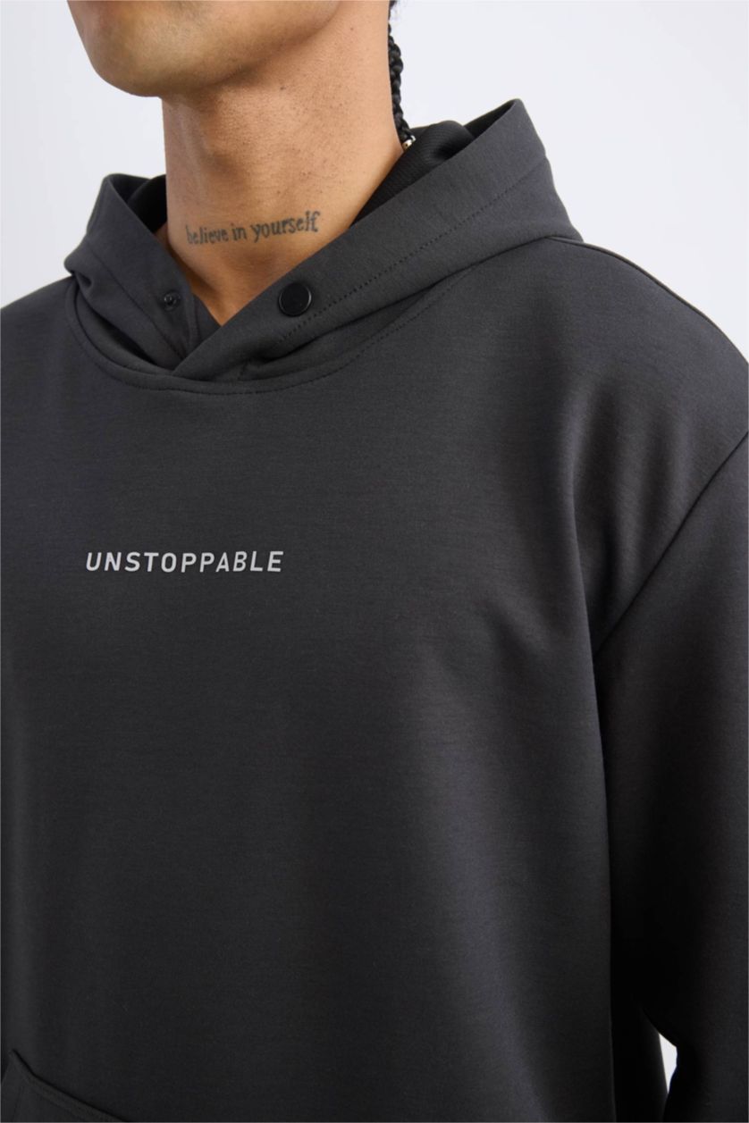 Erkek Antrasit Standart Fit Kapüşonlu Arma Baskılı Kanguru Cepli Skuba Dalgıç Kumaş Sporcu Sweatshirt