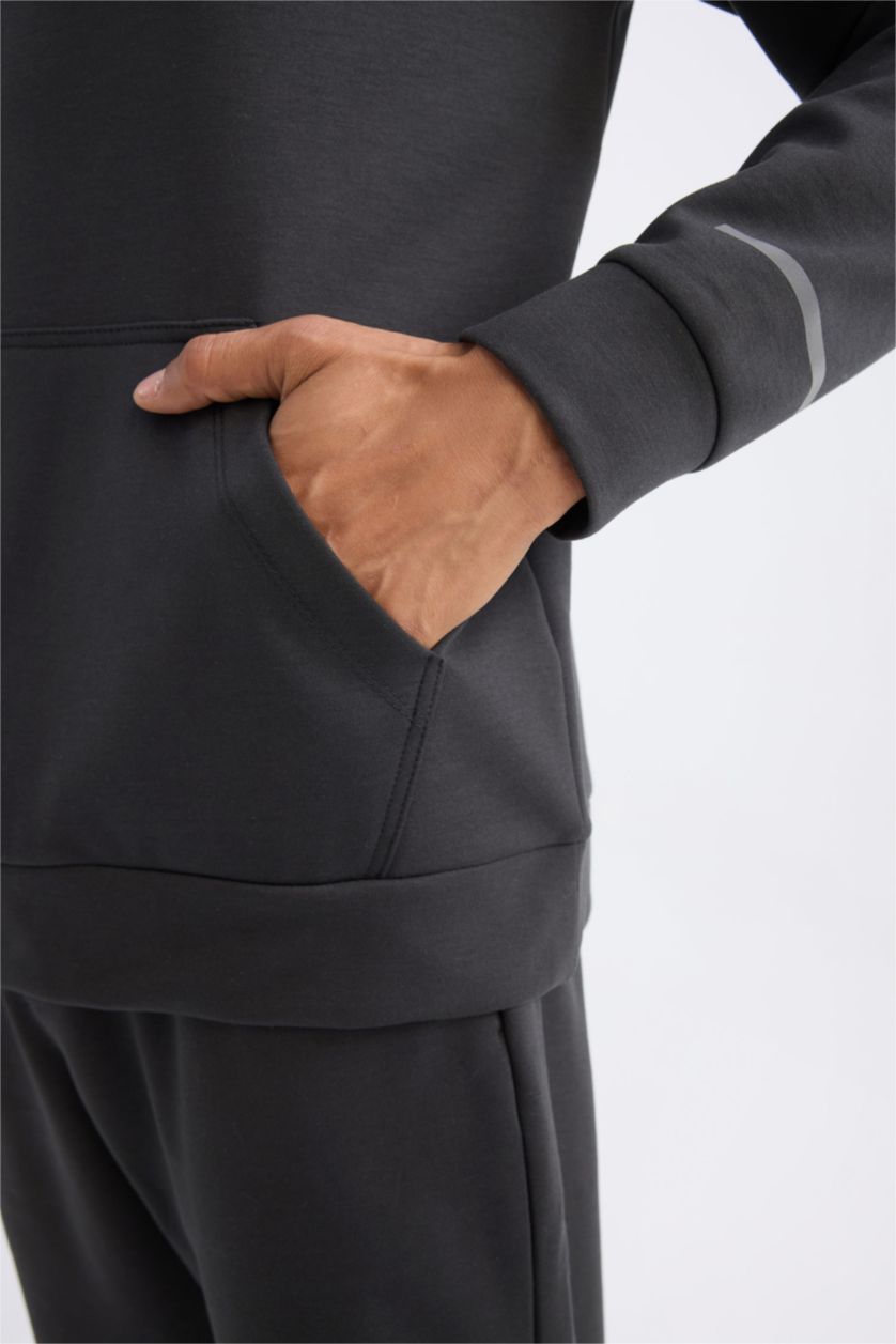 Erkek Antrasit Standart Fit Kapüşonlu Arma Baskılı Kanguru Cepli Skuba Dalgıç Kumaş Sporcu Sweatshirt