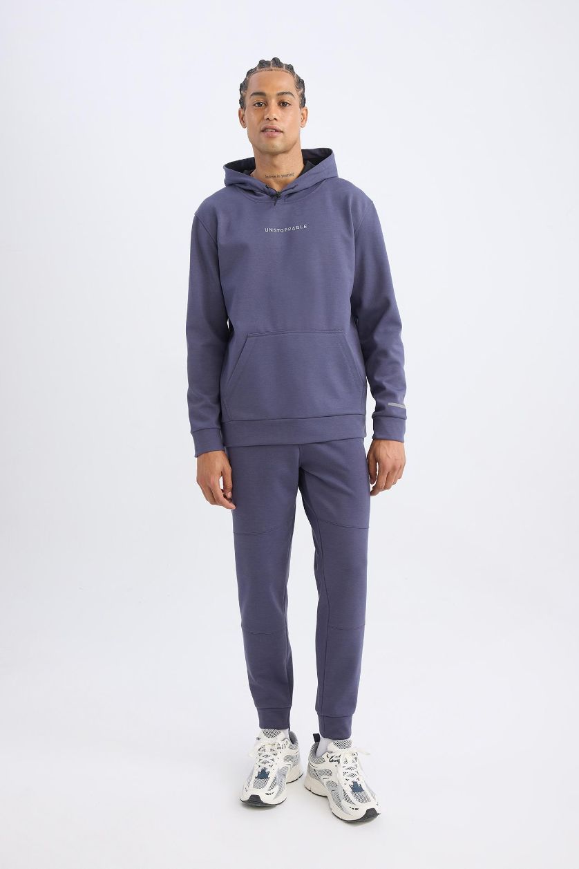 Erkek Mor Standart Fit Kapüşonlu Arma Baskılı Kanguru Cepli Skuba Dalgıç Kumaş Sporcu Sweatshirt