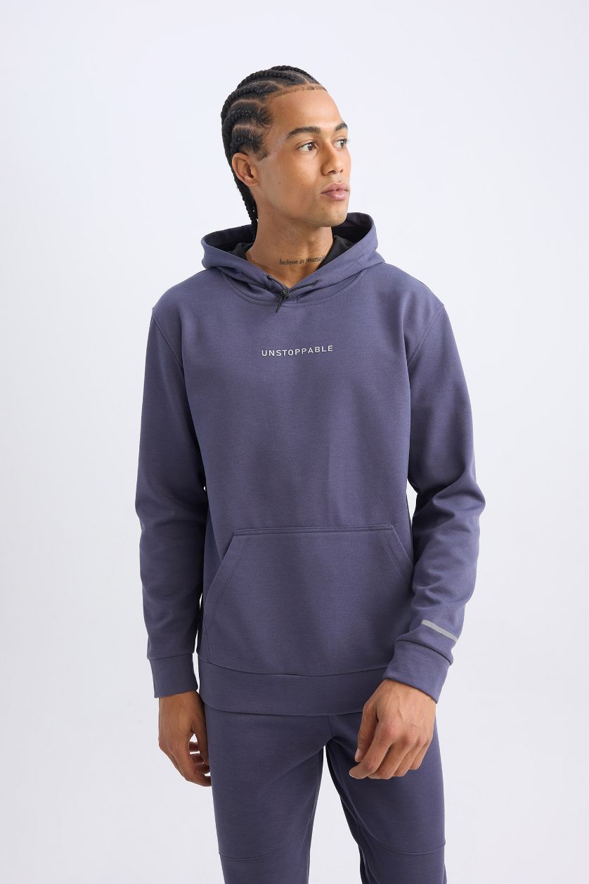 Erkek Mor Standart Fit Kapüşonlu Arma Baskılı Kanguru Cepli Skuba Dalgıç Kumaş Sporcu Sweatshirt