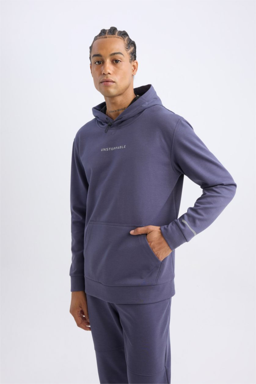 Erkek Mor Standart Fit Kapüşonlu Arma Baskılı Kanguru Cepli Skuba Dalgıç Kumaş Sporcu Sweatshirt