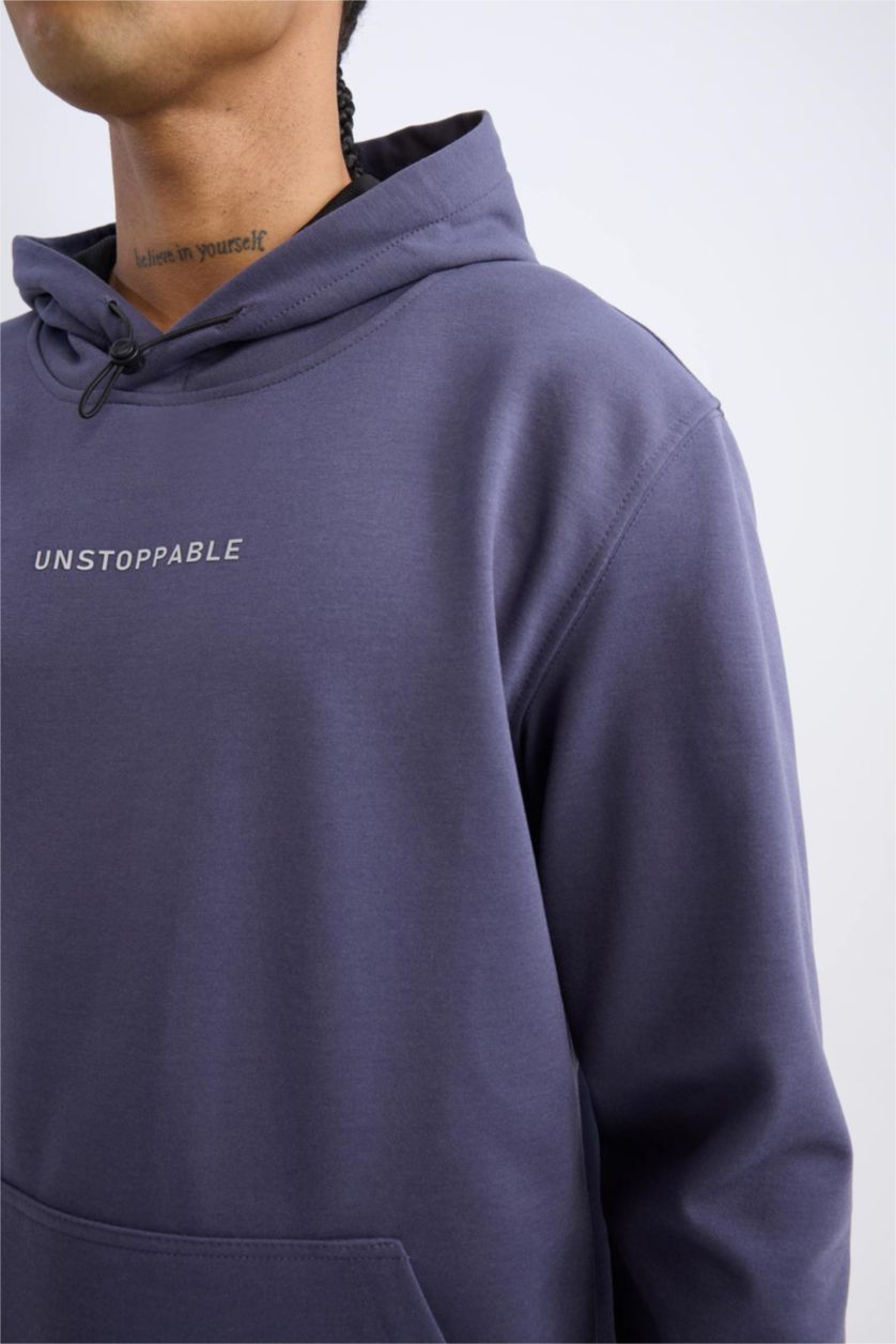 Erkek Mor Standart Fit Kapüşonlu Arma Baskılı Kanguru Cepli Skuba Dalgıç Kumaş Sporcu Sweatshirt