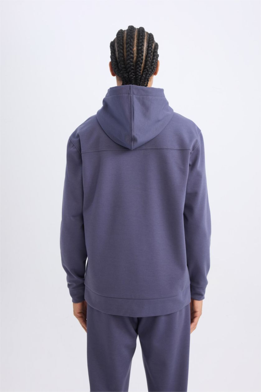 Erkek Mor Standart Fit Kapüşonlu Arma Baskılı Kanguru Cepli Skuba Dalgıç Kumaş Sporcu Sweatshirt