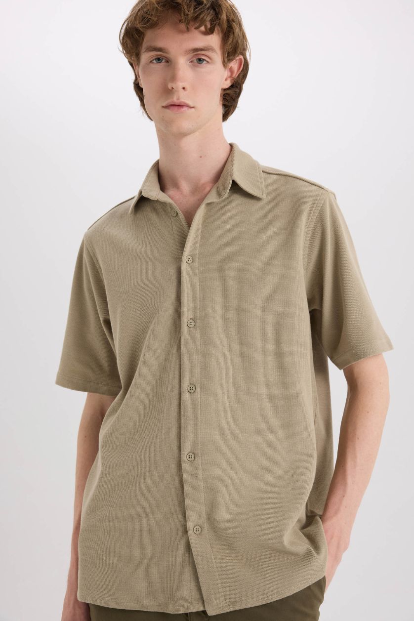 Erkek Açık Haki Regular Fit Yazlık Pamuklu Kısa Kollu Gömlek