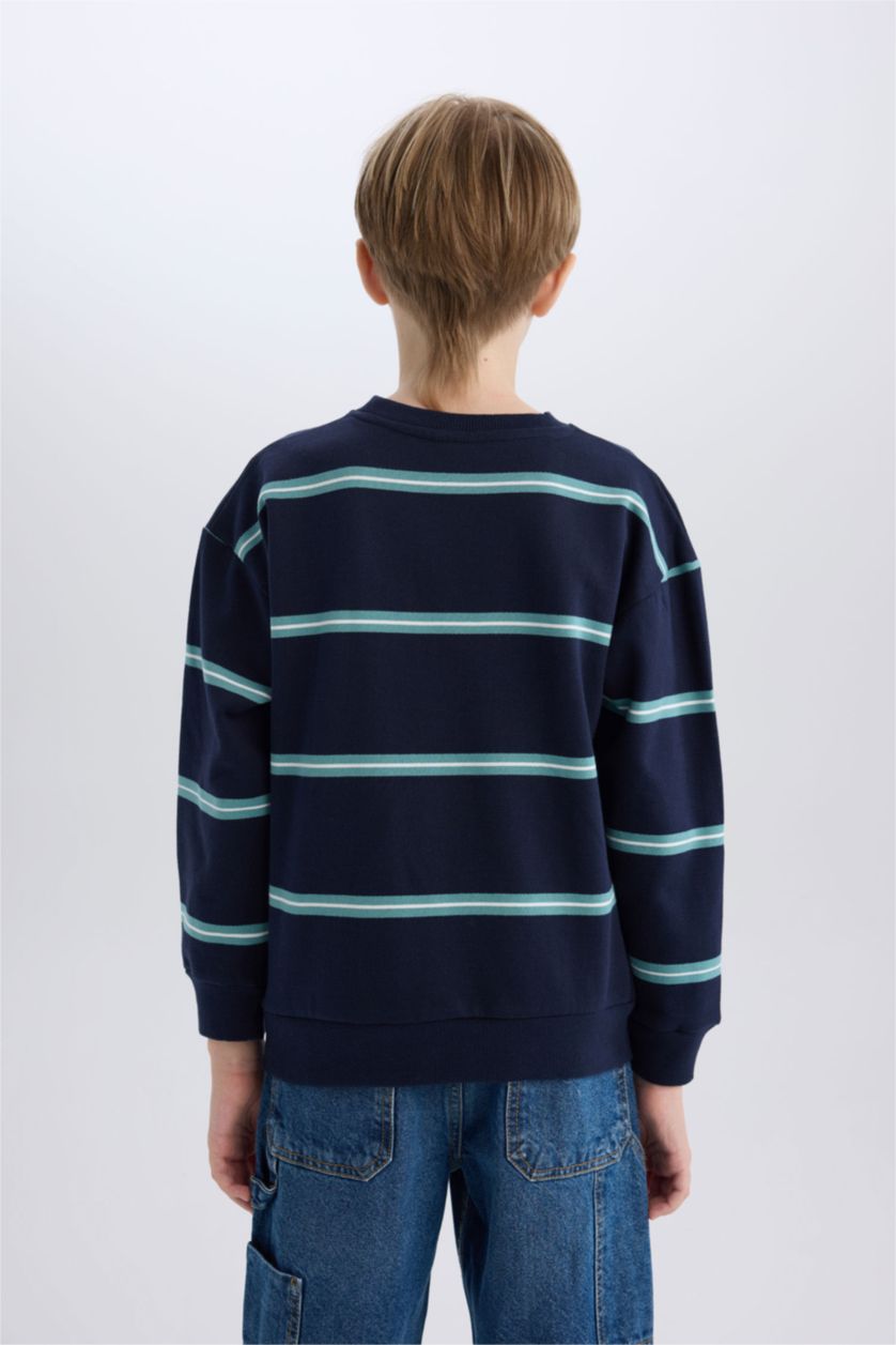 Erkek Çocuk - Genç Erkek Lacivert Oversize Geniş Kalıp Bisiklet Yaka Baskılı Sweatshirt Erkek Çocuk