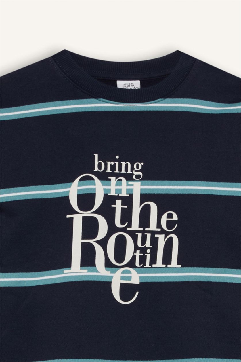 Erkek Çocuk - Genç Erkek Lacivert Oversize Geniş Kalıp Bisiklet Yaka Baskılı Sweatshirt Erkek Çocuk