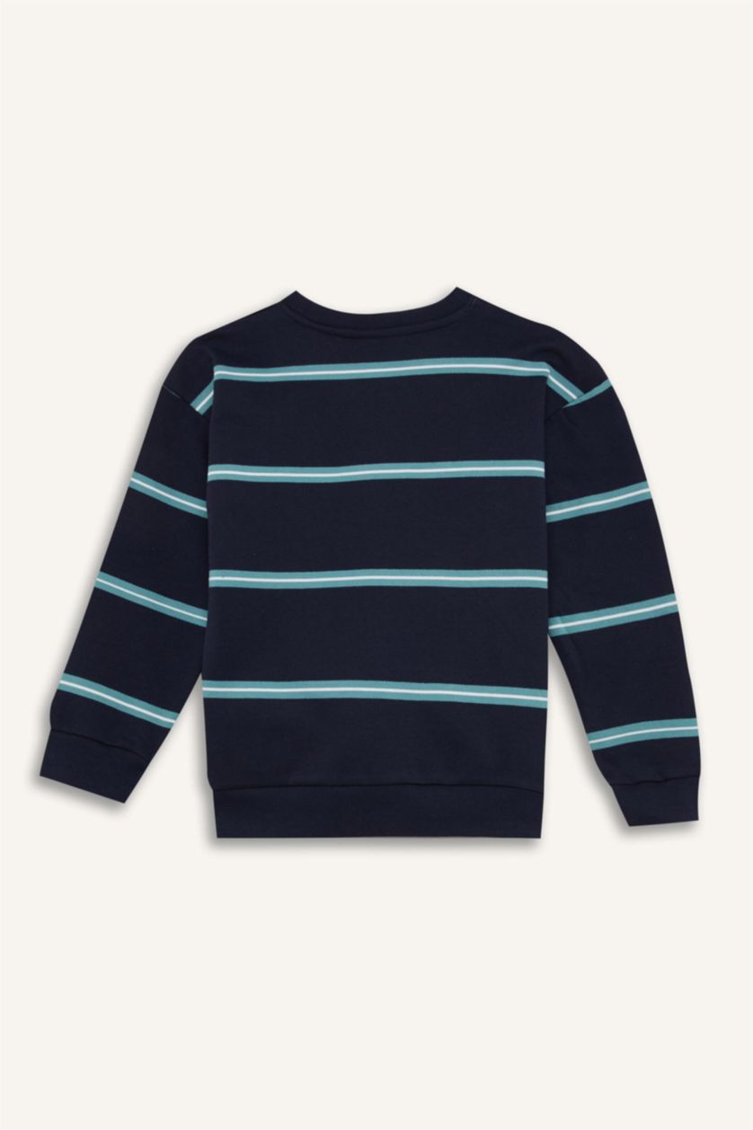 Erkek Çocuk - Genç Erkek Lacivert Oversize Geniş Kalıp Bisiklet Yaka Baskılı Sweatshirt Erkek Çocuk