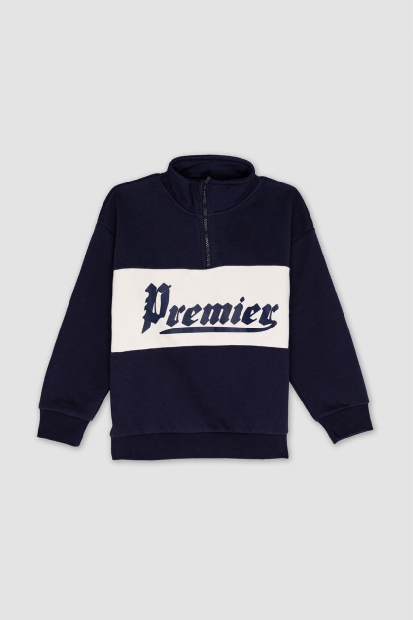 Erkek Çocuk - Genç Erkek Lacivert Oversize Geniş Kalıp Yarım Fermuarlı Baskılı Sweatshirt Erkek Çocuk