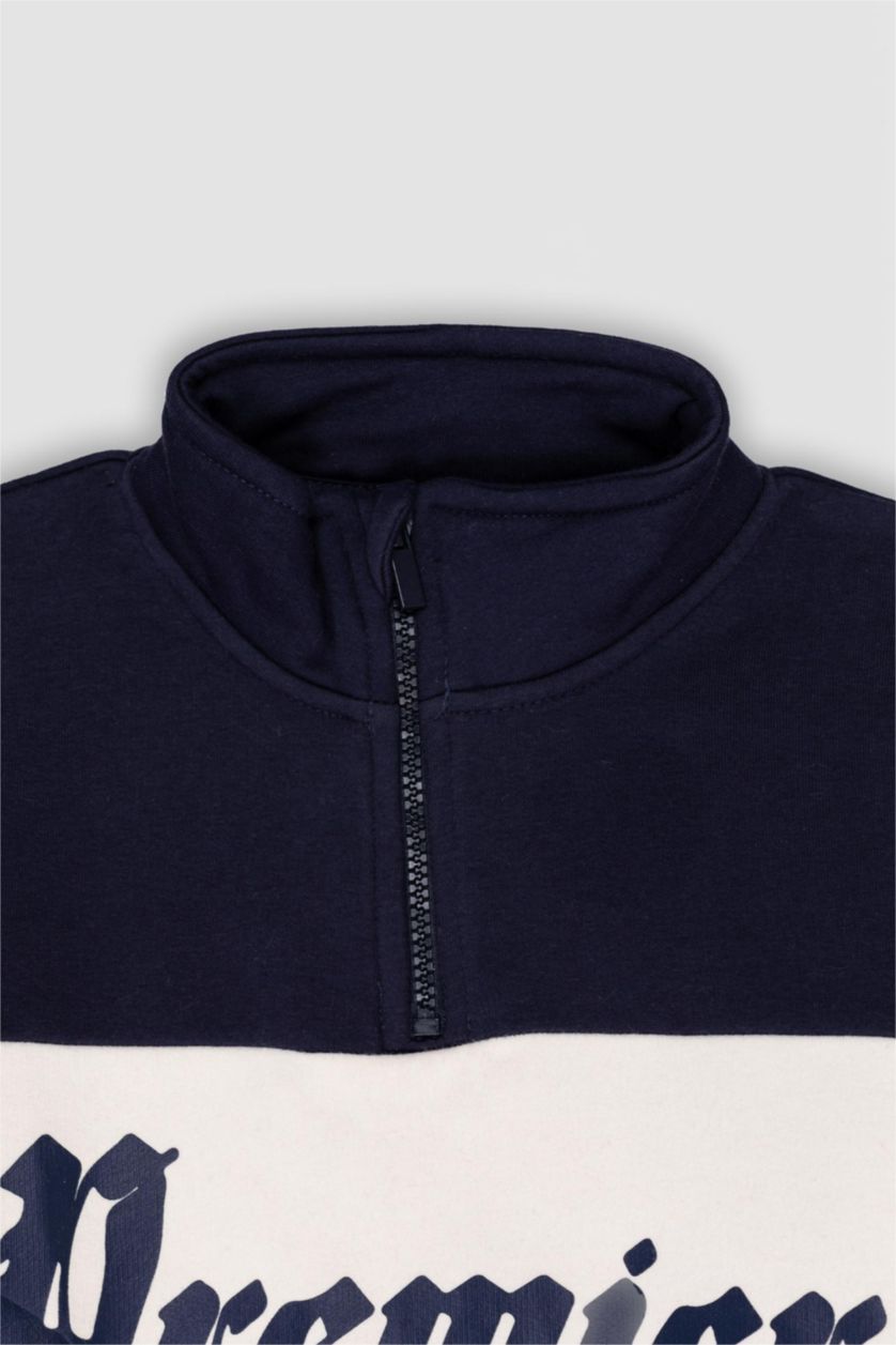 Erkek Çocuk - Genç Erkek Lacivert Oversize Geniş Kalıp Yarım Fermuarlı Baskılı Sweatshirt Erkek Çocuk