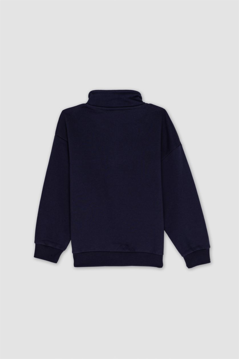 Erkek Çocuk - Genç Erkek Lacivert Oversize Geniş Kalıp Yarım Fermuarlı Baskılı Sweatshirt Erkek Çocuk
