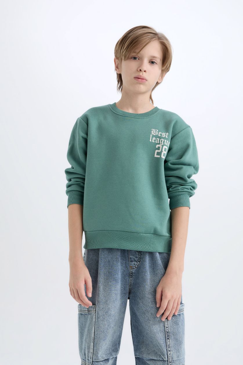 Erkek Çocuk - Genç Erkek Yeşil Oversize Geniş Kalıp Bisiklet Yaka Sırt Baskılı Sweatshirt Erkek Çocuk