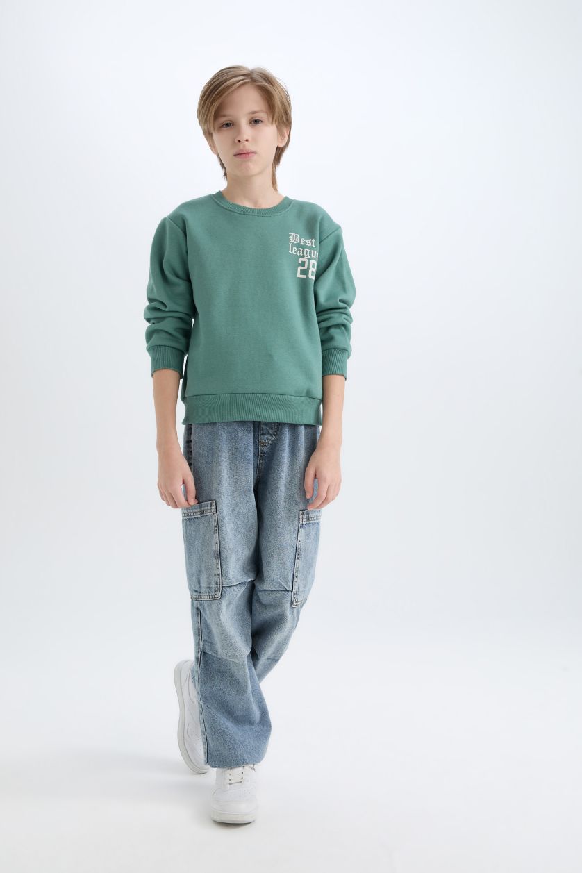 Erkek Çocuk - Genç Erkek Yeşil Oversize Geniş Kalıp Bisiklet Yaka Sırt Baskılı Sweatshirt Erkek Çocuk