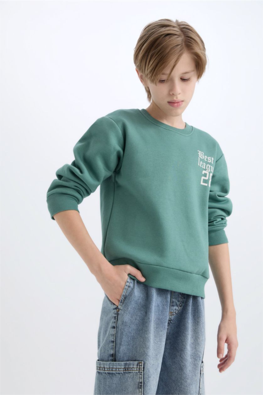 Erkek Çocuk - Genç Erkek Yeşil Oversize Geniş Kalıp Bisiklet Yaka Sırt Baskılı Sweatshirt Erkek Çocuk