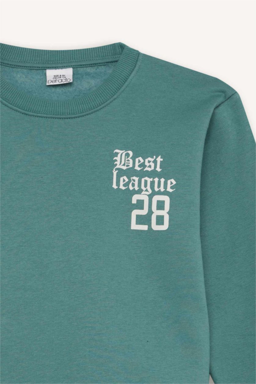 Erkek Çocuk - Genç Erkek Yeşil Oversize Geniş Kalıp Bisiklet Yaka Sırt Baskılı Sweatshirt Erkek Çocuk