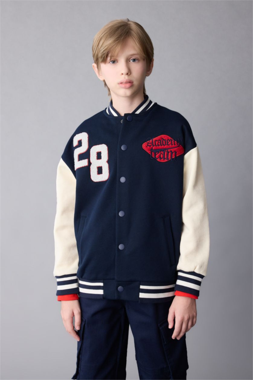 Erkek Çocuk - Genç Erkek Lacivert Erkek Çocuk Kolej Yaka Çıtçıtlı Çift Cepli Mevsimlik Hafif Bomber Ceket