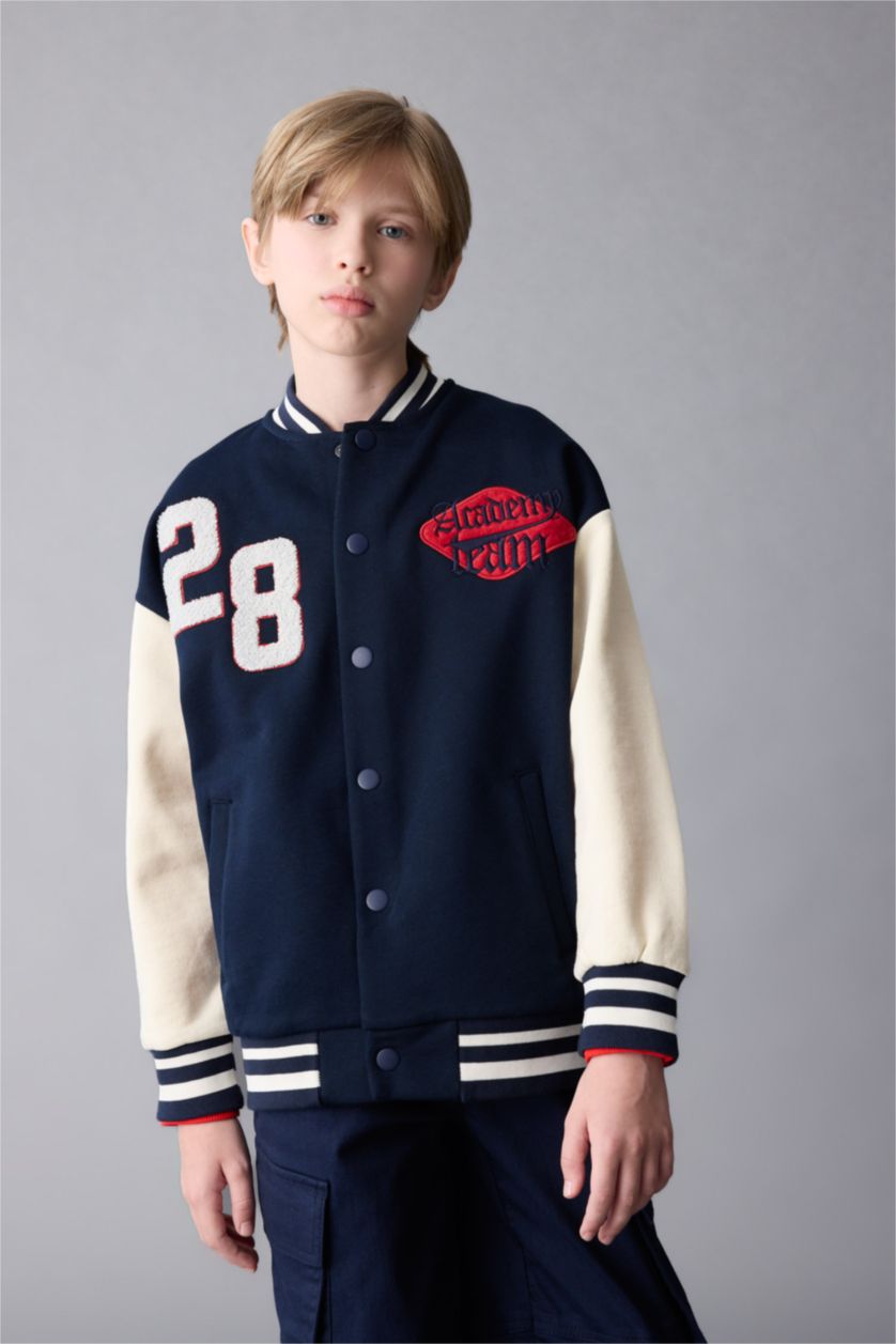 Erkek Çocuk - Genç Erkek Lacivert Erkek Çocuk Kolej Yaka Çıtçıtlı Çift Cepli Mevsimlik Hafif Bomber Ceket