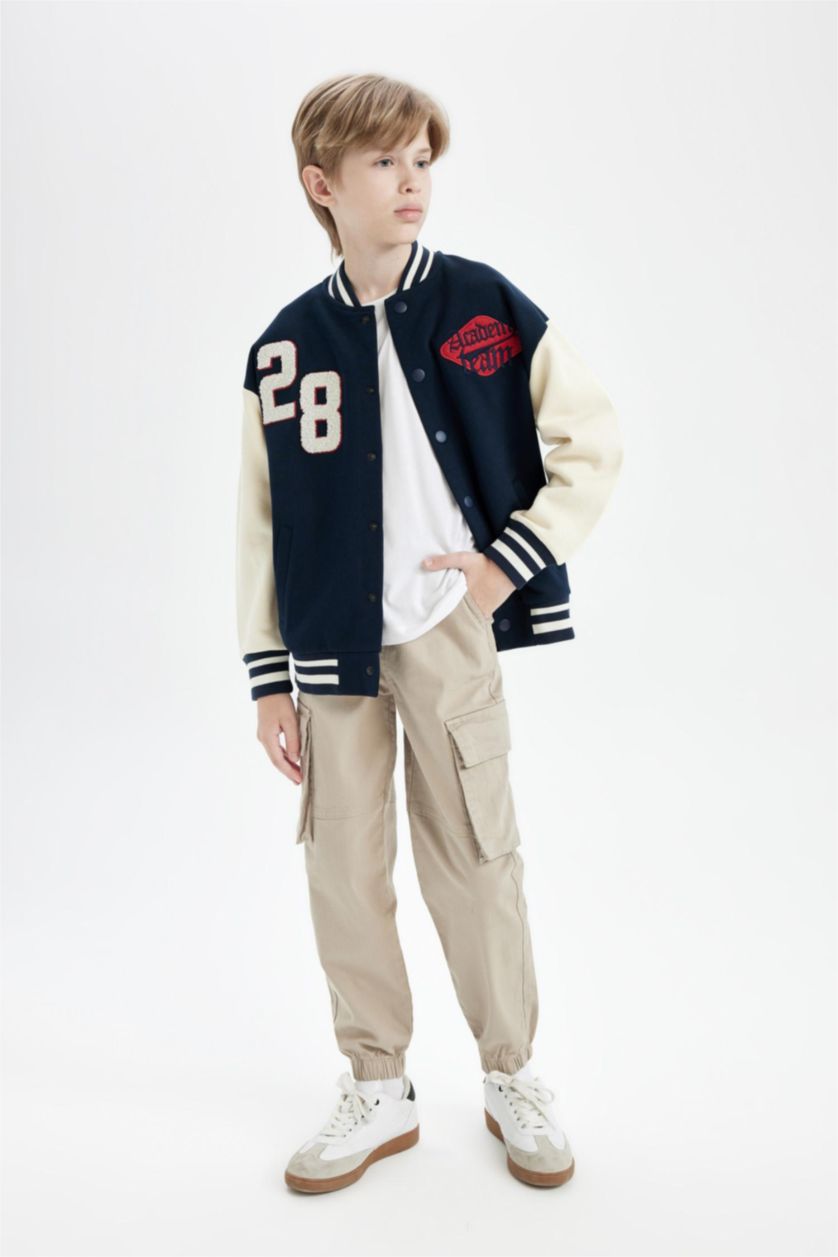 Erkek Çocuk - Genç Erkek Lacivert Erkek Çocuk Kolej Yaka Çıtçıtlı Çift Cepli Mevsimlik Hafif Bomber Ceket