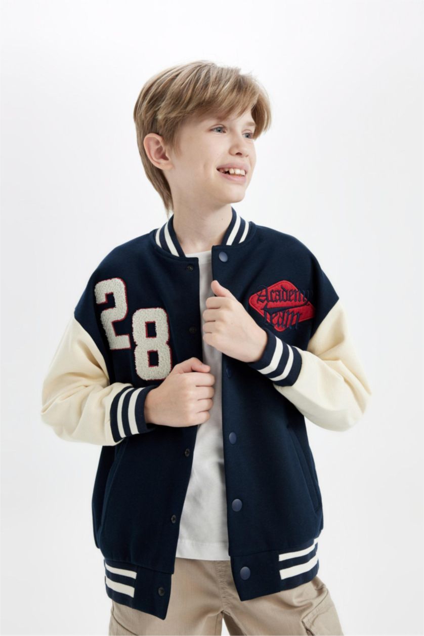 Erkek Çocuk - Genç Erkek Lacivert Erkek Çocuk Kolej Yaka Çıtçıtlı Çift Cepli Mevsimlik Hafif Bomber Ceket