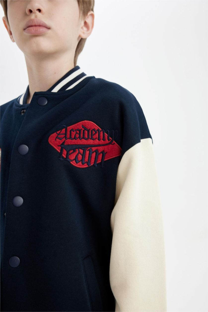 Erkek Çocuk - Genç Erkek Lacivert Erkek Çocuk Kolej Yaka Çıtçıtlı Çift Cepli Mevsimlik Hafif Bomber Ceket