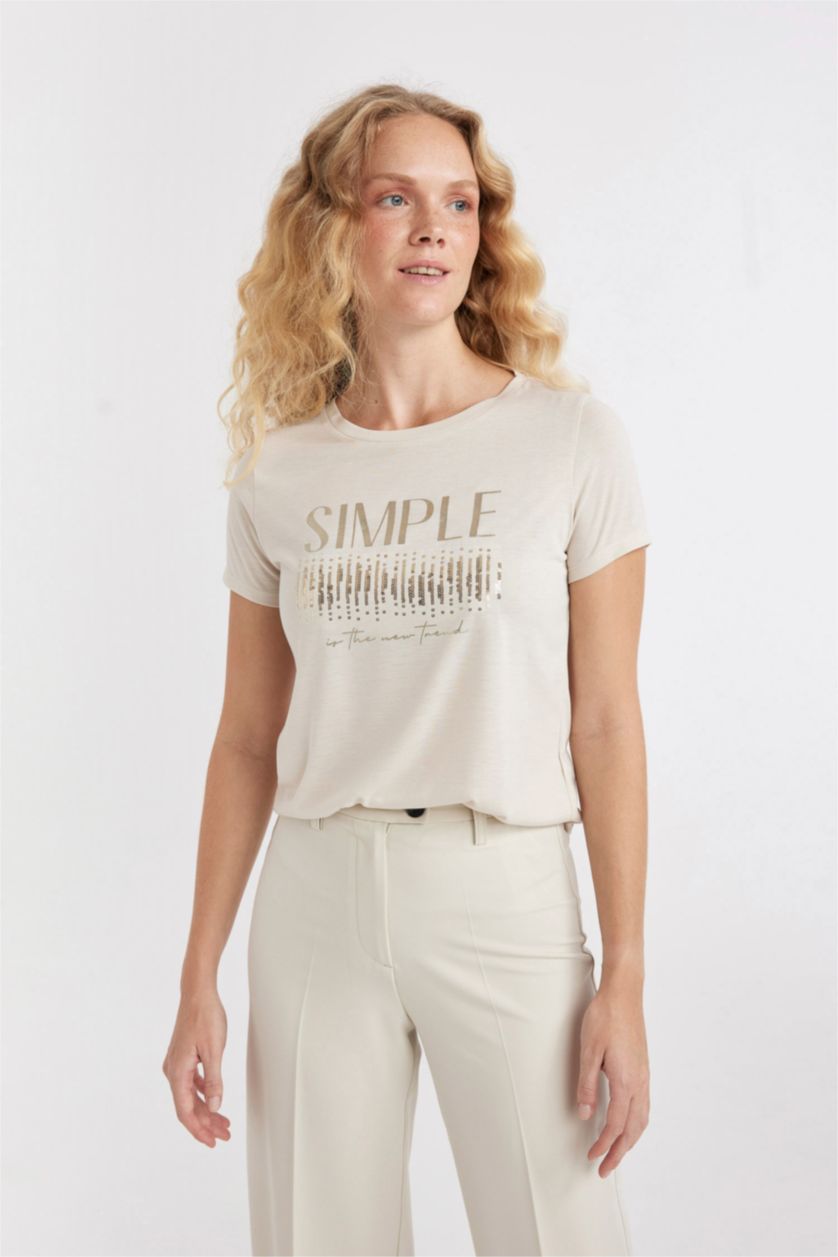 WOMAN Stone Regular Fit Crew Neck Printed T-Shirt