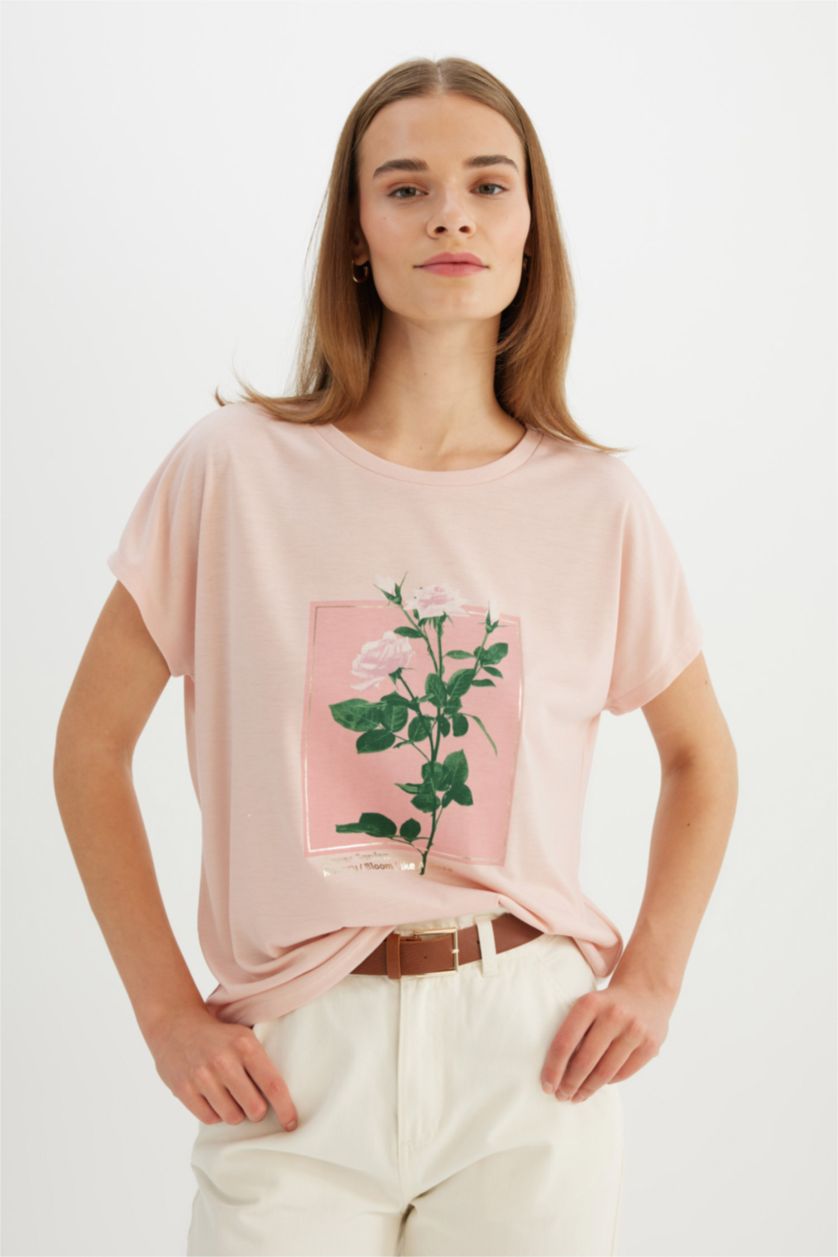 WOMAN Rose Crew Neck Floral Short Sleeve T-Shirt