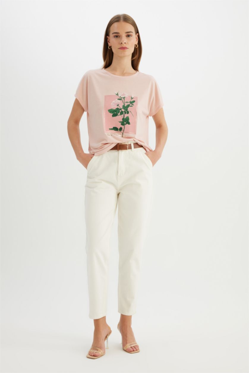 WOMAN Rose Crew Neck Floral Short Sleeve T-Shirt