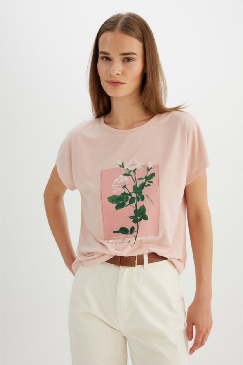 WOMAN Rose Crew Neck Floral Short Sleeve T-Shirt