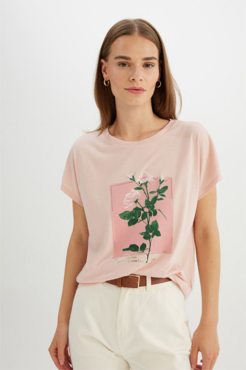 WOMAN Rose Crew Neck Floral Short Sleeve T-Shirt