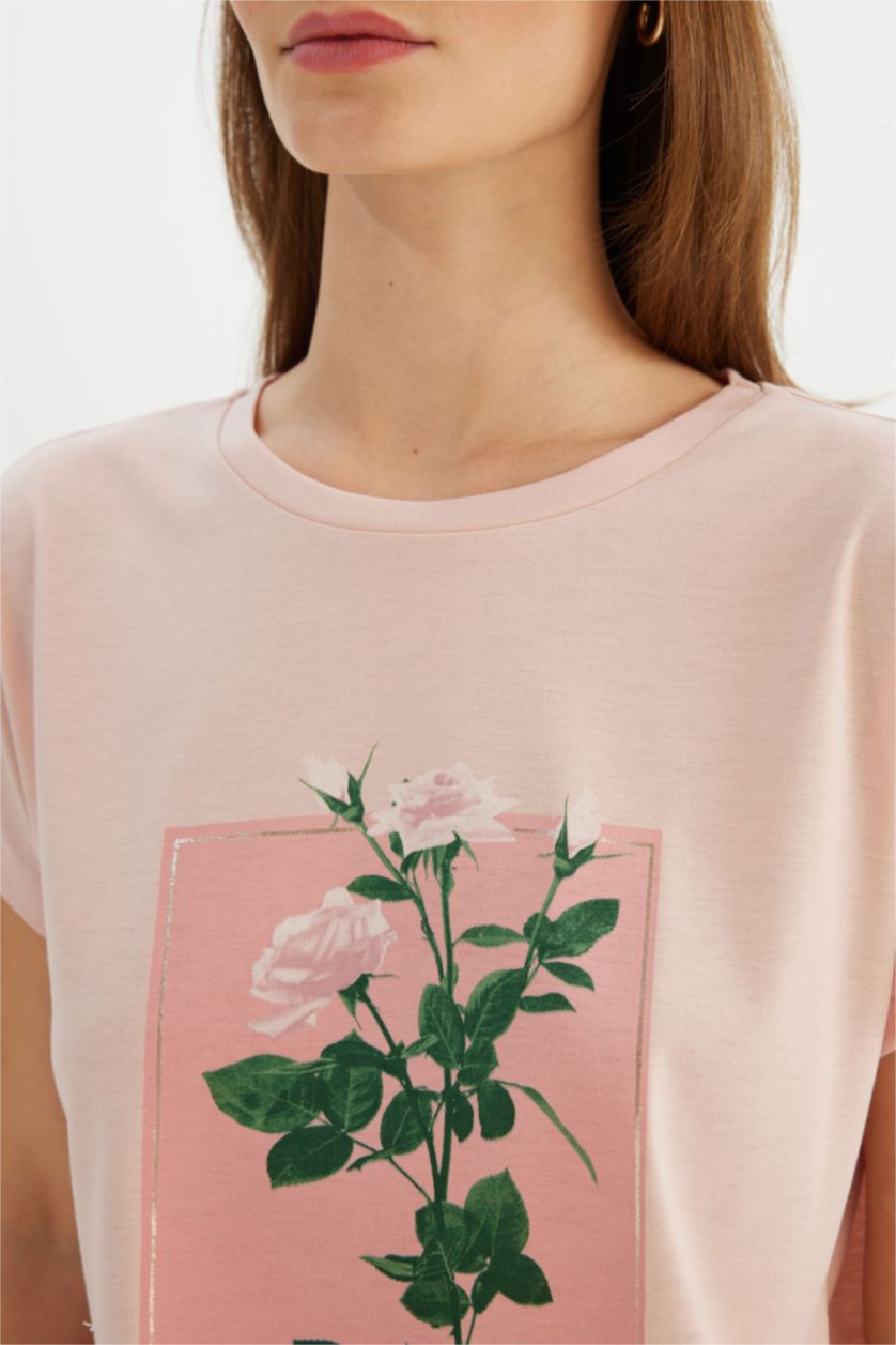 WOMAN Rose Crew Neck Floral Short Sleeve T-Shirt